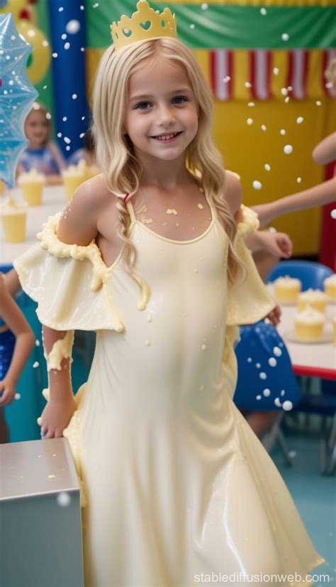 Cute Blonde Swimwear Princess Covered In Custard In Class Very Messy At Th Birthday Party
