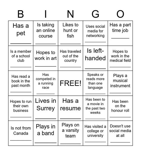 New Student Bingo Card