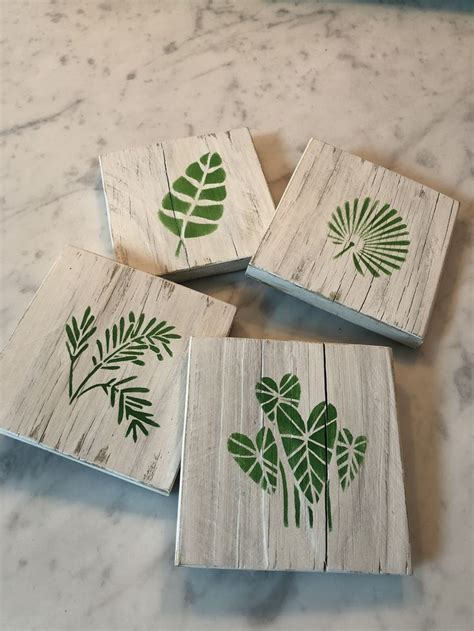 Wooden Coasters Tropical Leaf Designs Set Of 4 Etsy Wooden Coasters Tropical Coasters