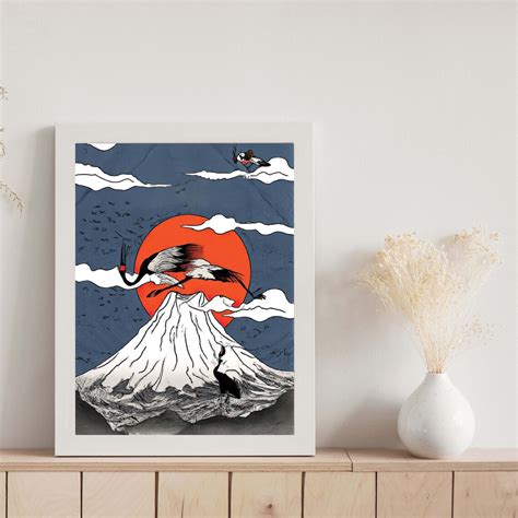 Ukiyo E Style Art Print Mount Fuji Crane Japan Poster Etsy