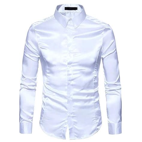 Chemise En Satin De Soie à Manches Longues Pour Hommes White E4536 Slim Décontracté Blanc