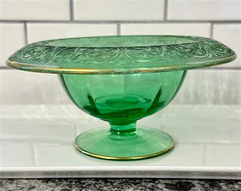 S Green Depression Etched Glass Bowl Compote Gold Rimmed Glows Etsy