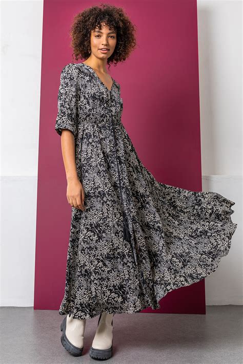 Black Floral Print Shirred Waist Maxi Dress Roman Uk