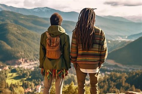 Vista Trasera De Dos Personas En Traje De Estilo Hippie Aventureros