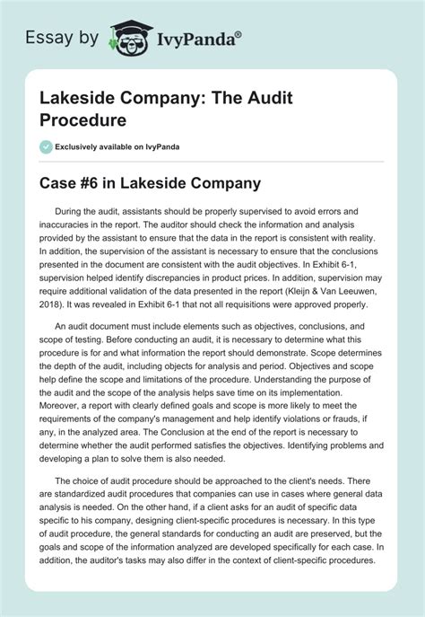 Lakeside Company: The Audit Procedure - 894 Words | Essay Example