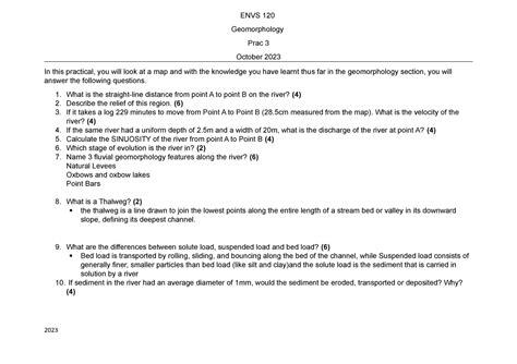 ENVS 120 Prac 3 Lecture Notes ENVS 120 Geomorphology Prac 3 October