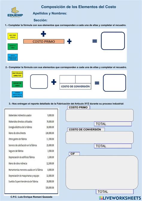 Composición de los Elementos del Costo worksheet