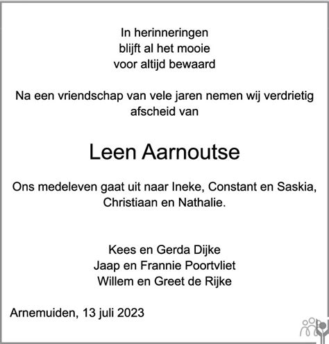 Leendert Leen Aarnoutse 13 07 2023 Overlijdensbericht En Condoleances