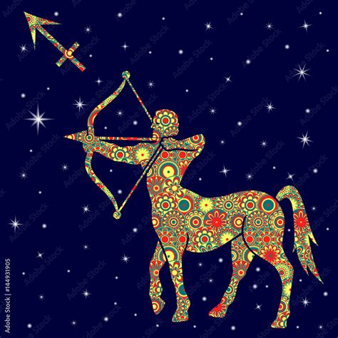 Zodiac Sign Sagittarius With Variegated Flowers Fill Over Starry Sky