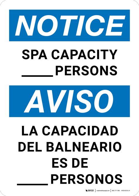 Notice Spa Capacity Persons Bilingual Spanish Portrait Wall Sign