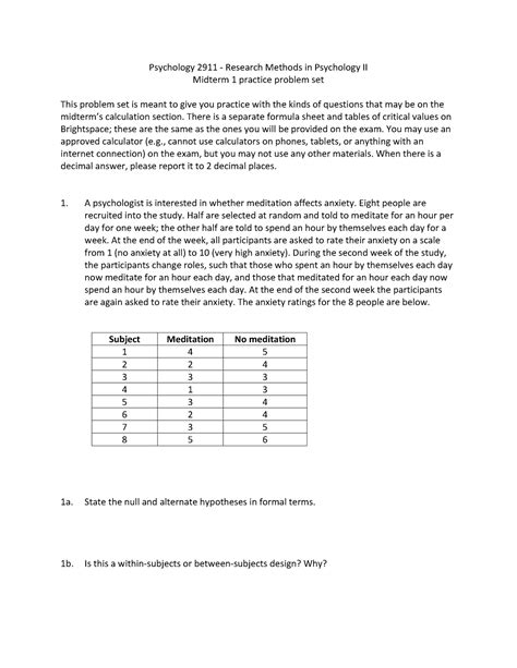 Midterm 1 Practice Problem Set Psychology 2911 Research Methods In