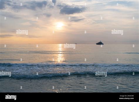 Afterglow Sky In Summer Vacation Skyscape With Ship On Horizon Stock