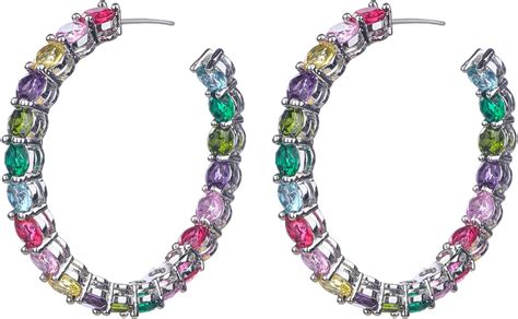 Kercisbeauty Colorful Rainbow Crystal Beads Hoop Earrings Open Circle Silver Huggie