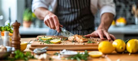 Chef Preparing Grilled Fish Filet In Creamy Butter Lemon Or Cajun Sauce