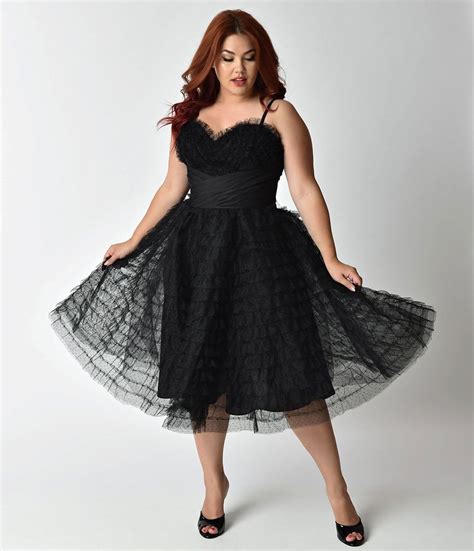 Unique Vintage Plus Size 1950s Black Ruffled Tulle Sweetheart Cupcake Unique Vintage Dresses