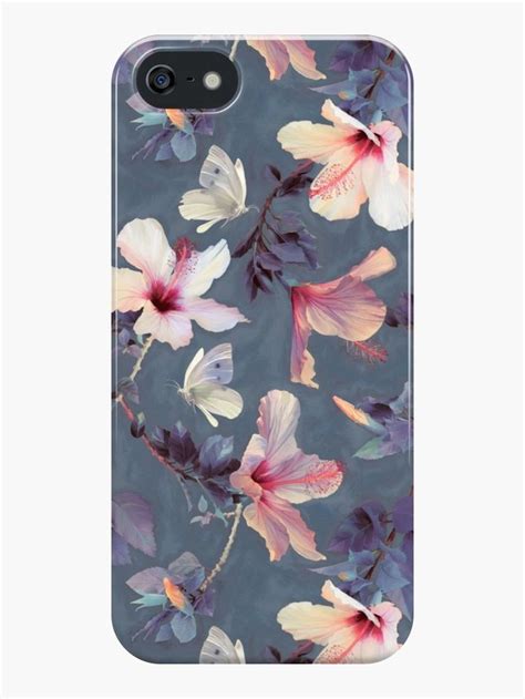 A Phone Case With Flowers And Leaves Printed On The Back In Grey Color