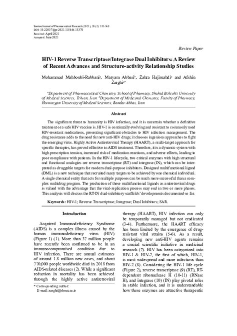 Pdf Hiv 1 Reverse Transcriptase Integrase Dual Inhibitors A Review Of Recent Advances And