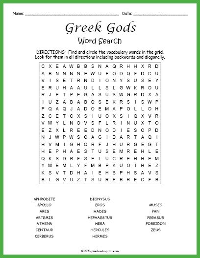 Greek Gods Word Search