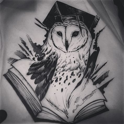 Wise black-and-white owl reading a book tattoo design - Tattooimages.biz