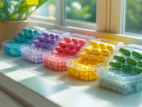 Neatly Arranged Colorful Pill Boxes On A Bright White Table By A Window