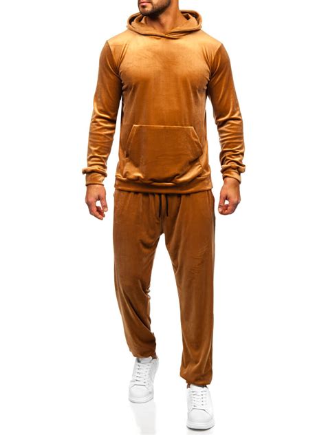 Bolf Herren Velours Freizeitanzug Sport Set Zweileiler Mit Kapuze Camel