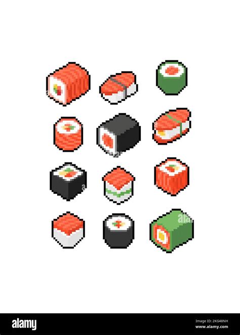 Sushi Pixel Art Set Rolls 8 Bit Traditional Japanese Food Kit Pixelated Food Stock Vector