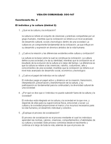 Cuestionario 2 Vida En Comunidad VIDA EN COMUNIDAD SOC Cuestionario