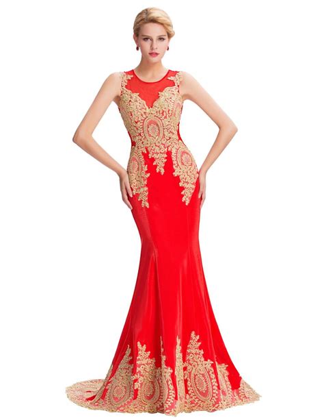 Long Mermaid Gold Appliques Evening Dress Red Evening