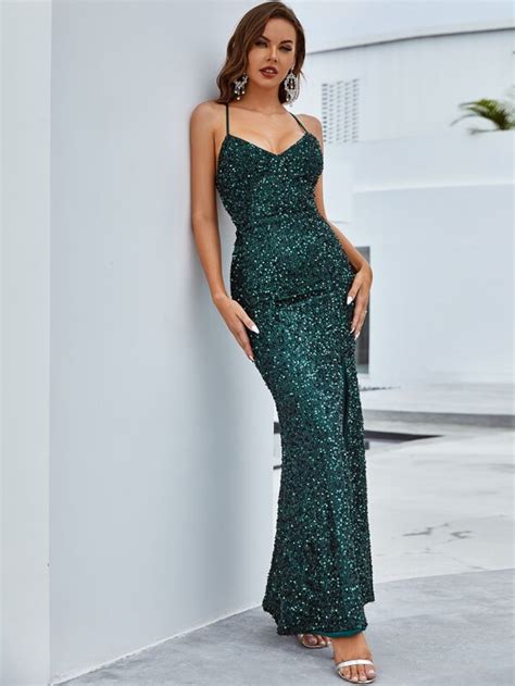 Lace Up Backless Split Thigh Sequins Bodycon Formal Evening Gown Shein Uk