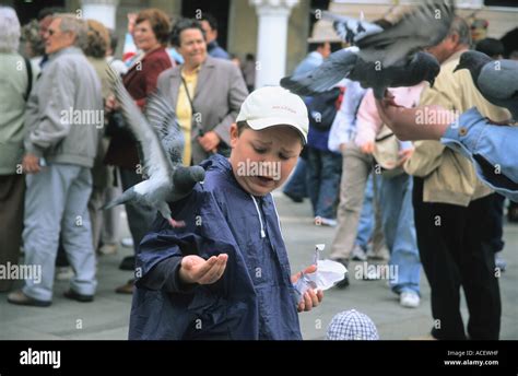 Boy feeding pigeons on San Marco square Venice Italy Stock Photo - Alamy