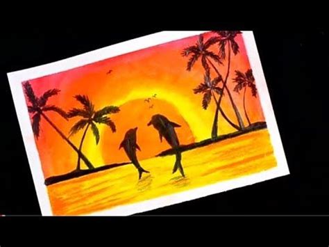 Sunset Scenery Drawing With Dolphins