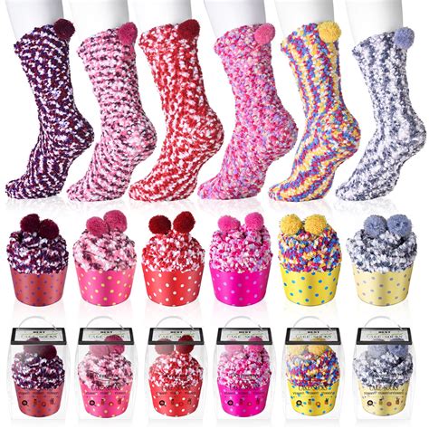 Bocaoying 6 Pairs Christmas Cupcake Socks Fuzzy Socks For Women