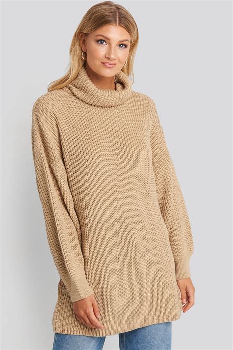 Oversized High Neck Long Knitted Sweater Beige Na Kdfr