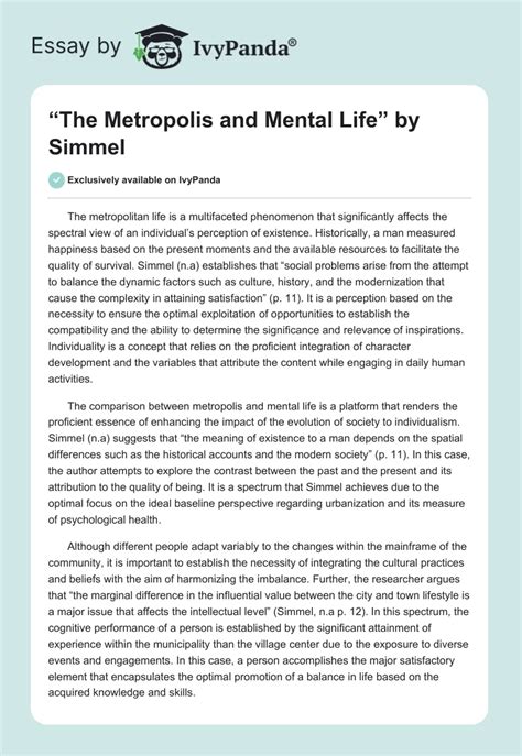 The Metropolis And Mental Life By Simmel 1400 Words Essay Example