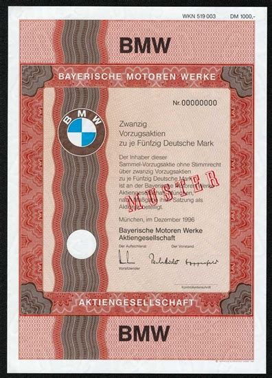 Bmw Specimen Stock Certificate 1000 German Dm Rare Bmw Stock