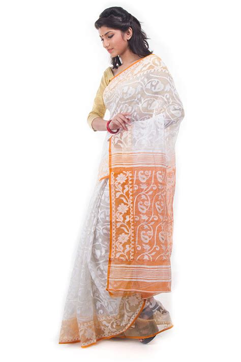 Exclusive White Orange Dhakai Jamdani Muslin Saree From Bangladesh