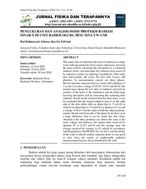 Pdf Pengukuran Dan Analisis Dosis Proteksi Radiasi Sinar X Di Unit Radiologi Rs Ibnu Sina Yw