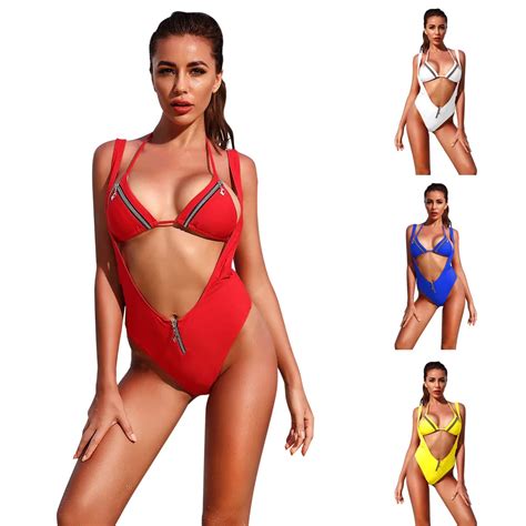 Sexy Solid Color Zipper Split Swimsuit Bikini Open Back Swimsuit Female Bikini New Swimwear