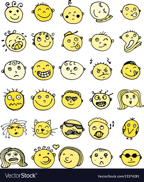 Set Of Thirty Hand Drawn Emoticons Or Smileys Vector Image