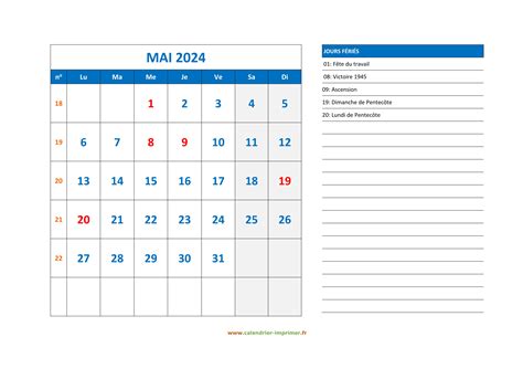 Calendrier Mai 2024 à Imprimer