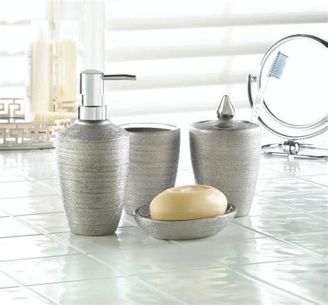 Silver Shimmer Bath Accessory Set Porcelain Toothbrush Holder Soap