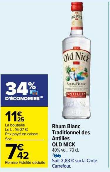 Promo Rhum Blanc Traditionnel Des Antilles Old Nick Chez Carrefour