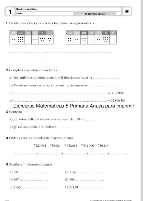 Anaya Matemáticas 5 Primaria Descargar Ejercicios para Imprimir