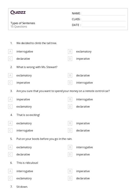 Types Of Sentences Worksheets For Rd Grade On Quizizz Free