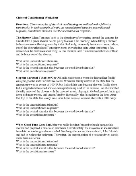 Classical Conditioning Worksheet Psychology Docsity