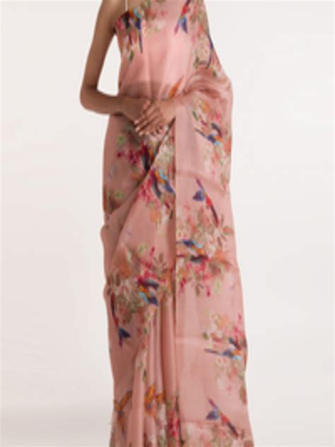 Buy Nalli Next Peach Coloured And Blue Floral Organza Saree Sarees For