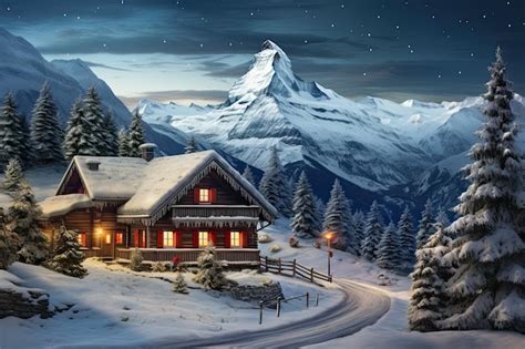 Nestled amidst the snowy peaks a cozy cabin stands at night Surrounded ...