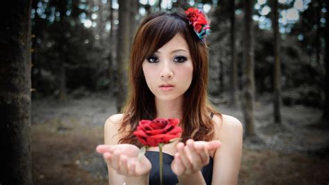 Brunette Hands Rose Asian Flower In Hair Women Model Women