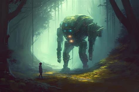 Premium Ai Image A Man Walks Through A Forest With A Giant Robot In