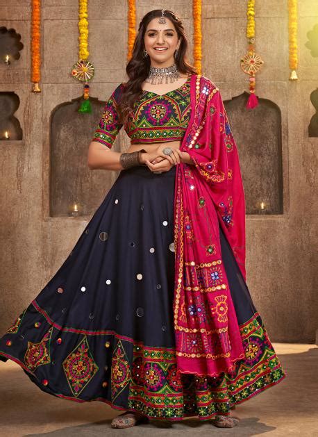 Buy Navratri Wear Mirror Work Viscose Rayon Navy Blue Lehenga Choli Online From Surat Wholesale